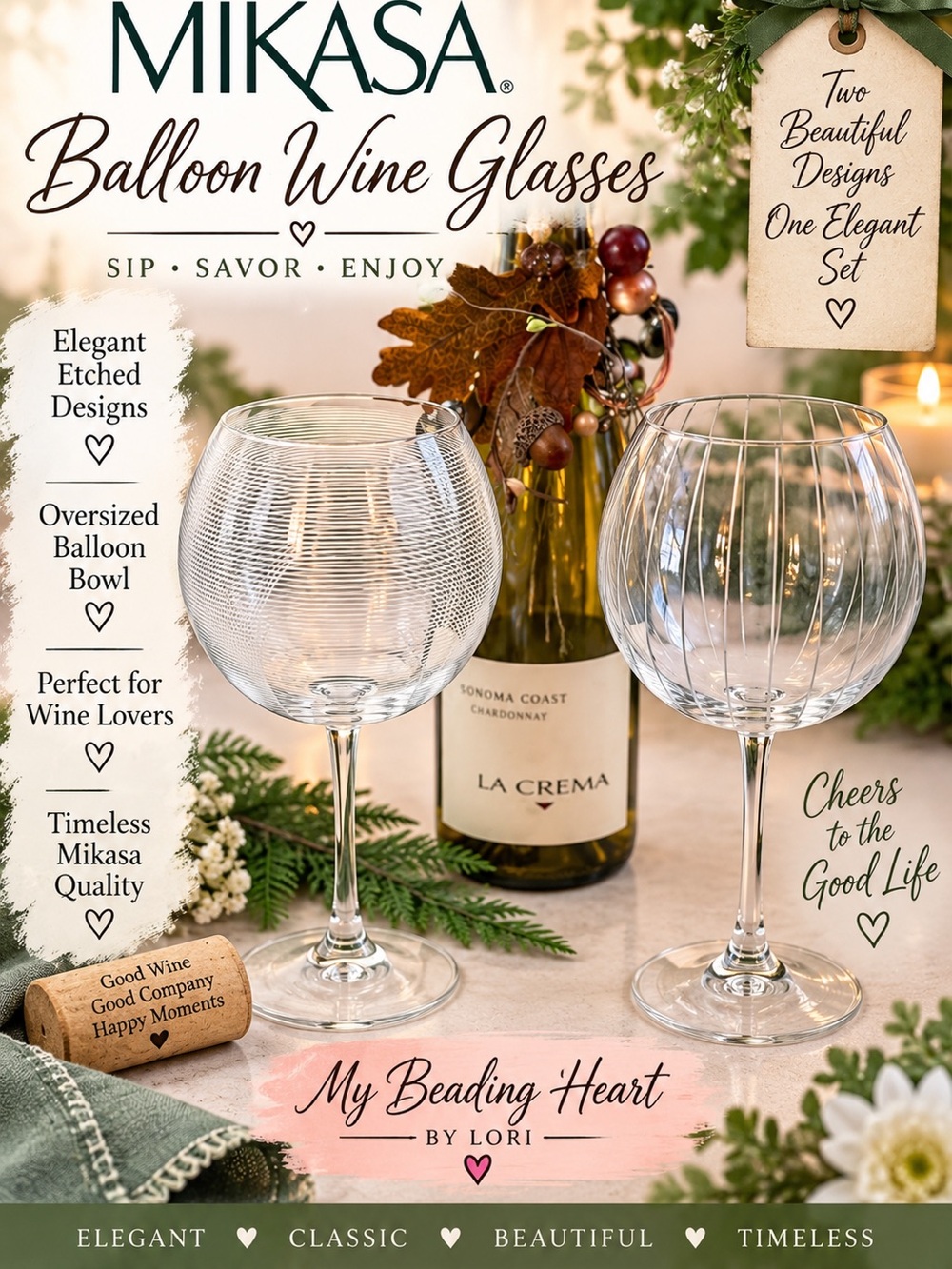 Mikasa Balloon Wine Glasses - Clear Etched Set of 2
